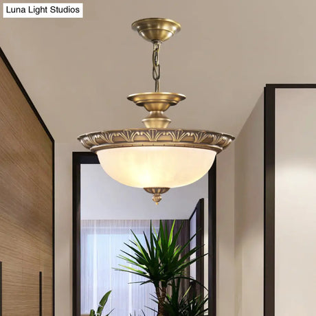 Antique Style Bronze Bowl Suspension Light With White Glass - Corridor Chandelier Pendant