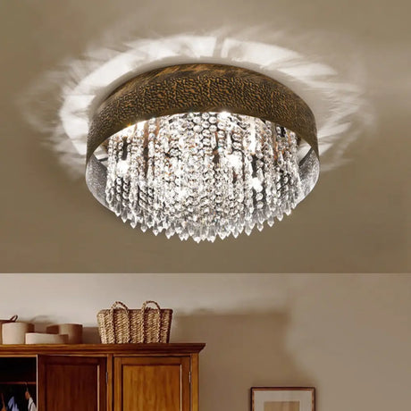 Antique Style Bronze Drum Flush Lamp With Crystal Accent 5/9 Light Iron Mount Ceiling -
