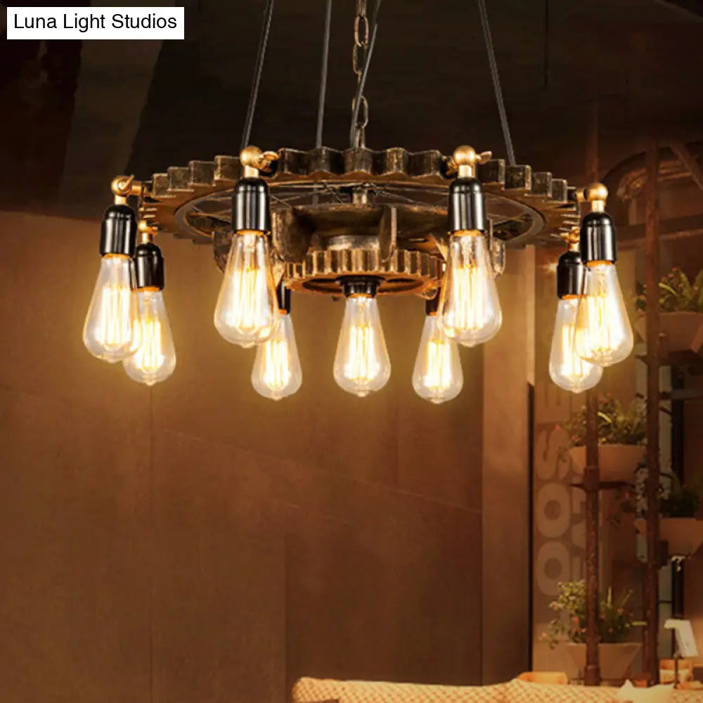 Antique Style Rust Metal Pendant Ceiling Light - 9 Lights Gear Design Fixture For Living Room