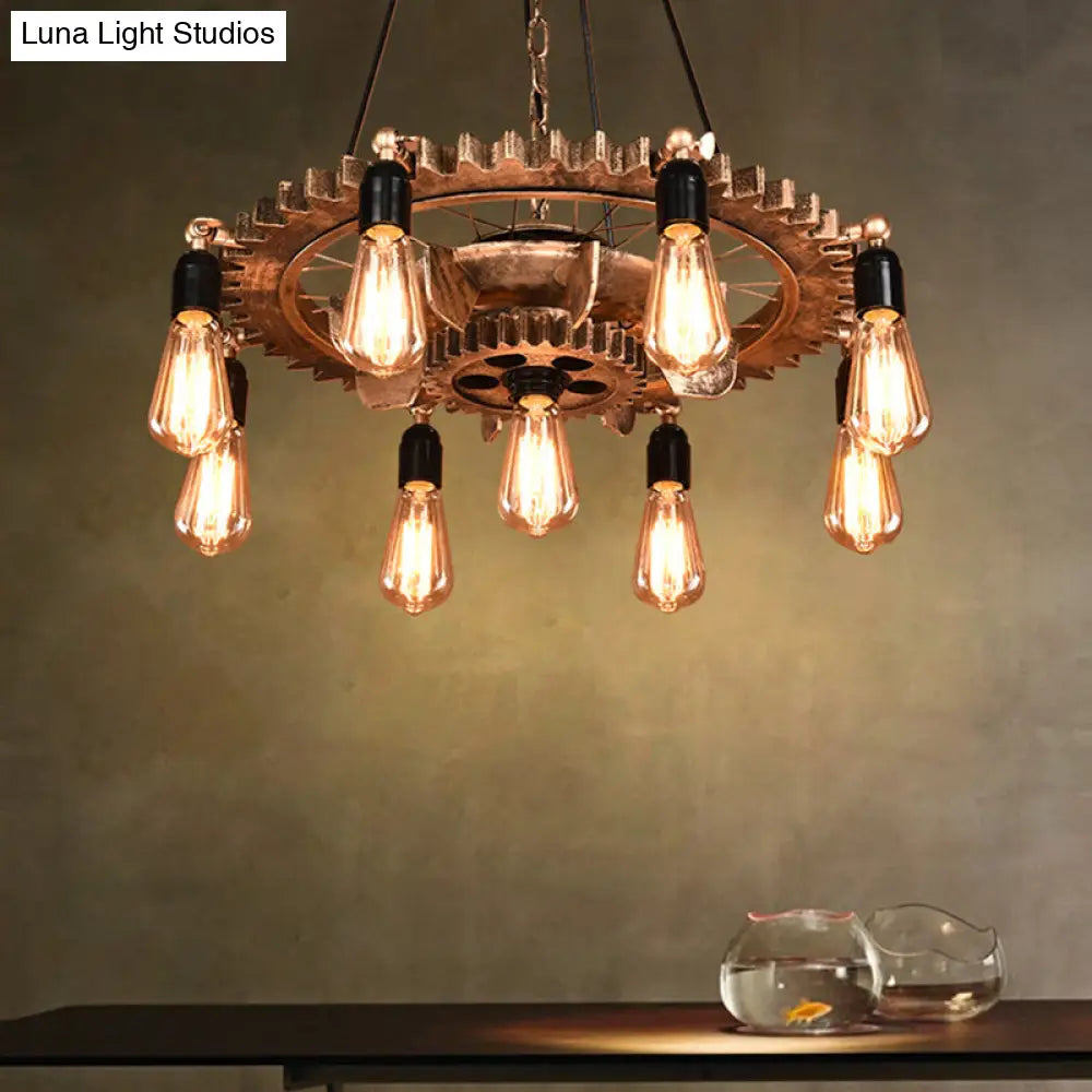 Antique Style Rust Metal Pendant Ceiling Light - 9 Lights Gear Design Fixture For Living Room