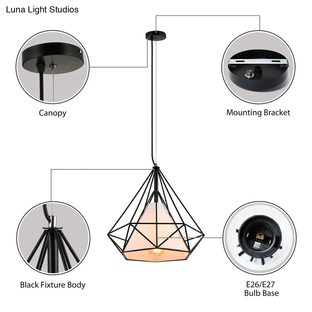 Antique Style Diamond Cage Hanging Light With Fabric Shade - White/Brown Metal Ceiling Fixture
