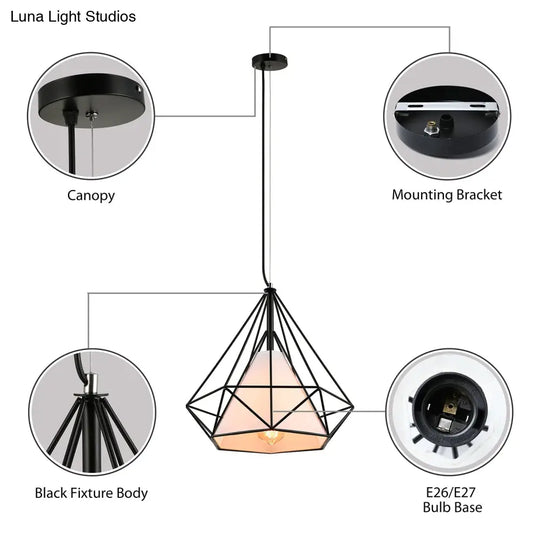 Antique Style Diamond Cage Hanging Light With Fabric Shade - White/Brown Metal Ceiling Fixture