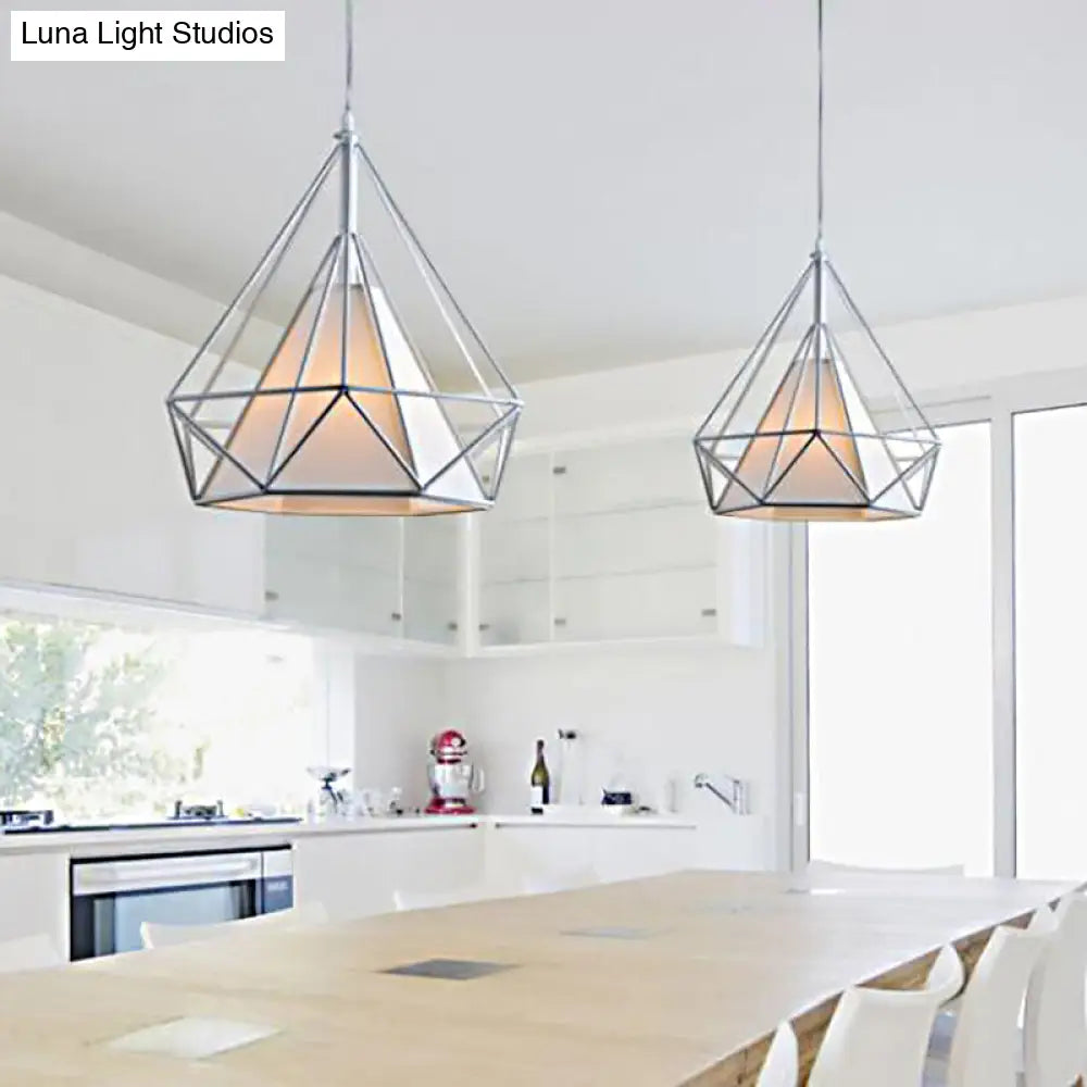 Antique Style Diamond Cage Hanging Light With Fabric Shade And Metal Ceiling Fixture