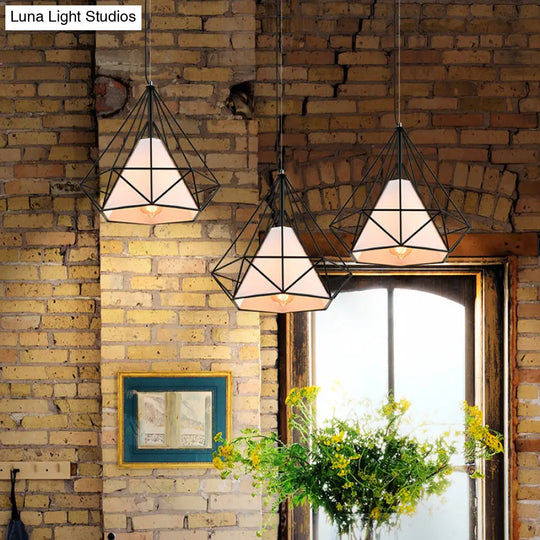 Antique Style Diamond Cage Hanging Light With Fabric Shade And Metal Ceiling Fixture Black-White /