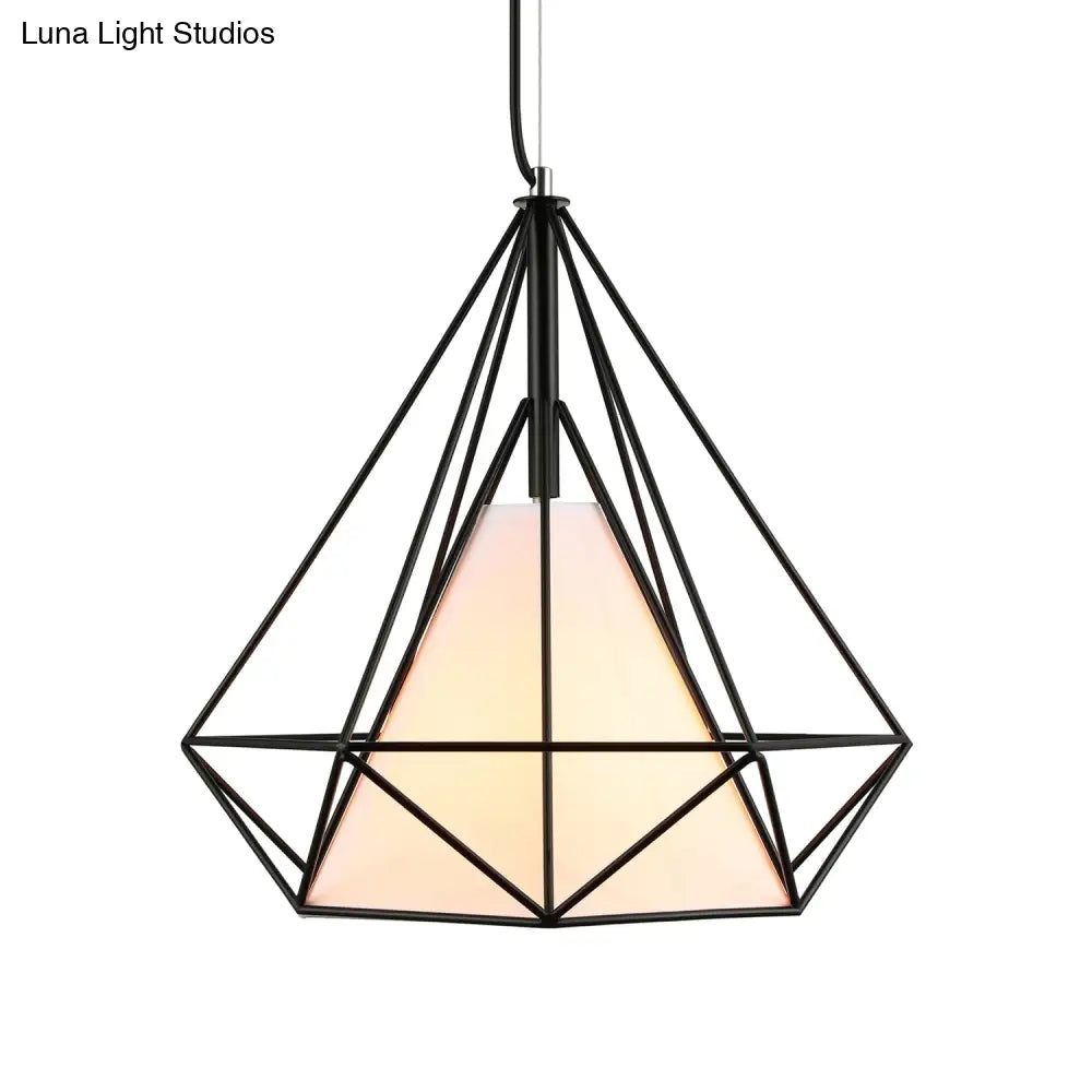 Antique Style Diamond Cage Hanging Light With Fabric Shade - White/Brown Metal Ceiling Fixture