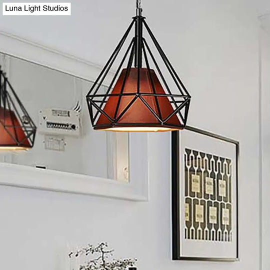 Antique Style Diamond Cage Hanging Light With Fabric Shade - White/Brown Metal Ceiling Fixture