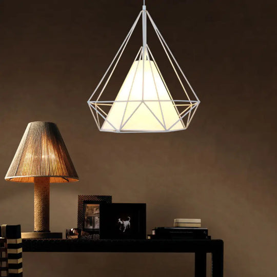 Antique Style Diamond Cage Hanging Light With Fabric Shade - White/Brown Metal Ceiling Fixture