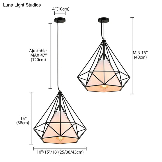 Antique Style Diamond Cage Hanging Light With Fabric Shade - White/Brown Metal Ceiling Fixture