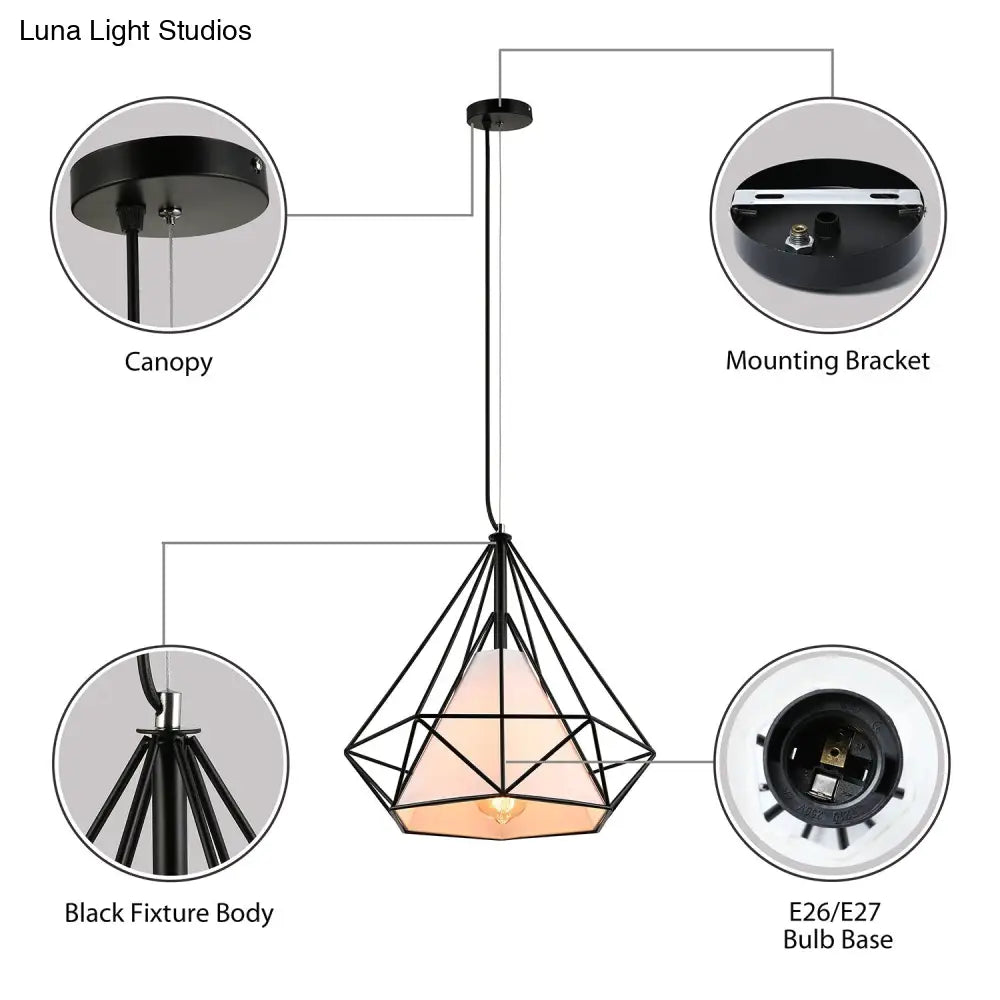 Antique Style Diamond Cage Hanging Light With Fabric Shade And Metal Ceiling Fixture