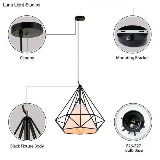 Antique Style Diamond Cage Hanging Light With Fabric Shade And Metal Ceiling Fixture