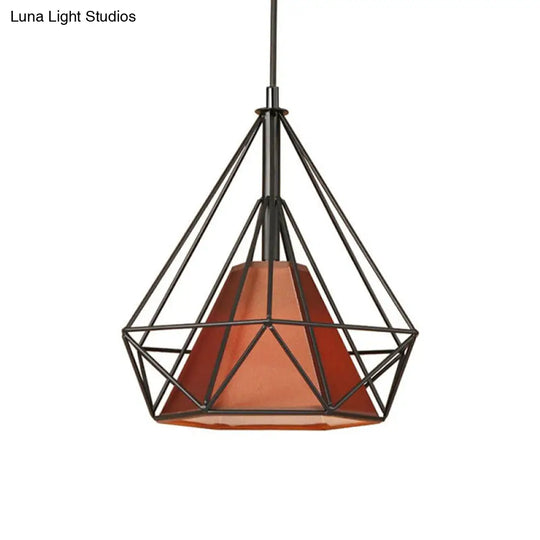 Antique Style Diamond Cage Hanging Light With Fabric Shade - White/Brown Metal Ceiling Fixture