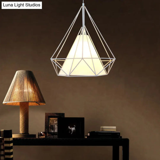 Antique Style Diamond Cage Hanging Light With Fabric Shade And Metal Ceiling Fixture White / 10
