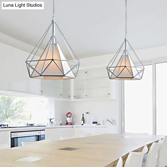 Antique Style Diamond Cage Hanging Light With Fabric Shade - White/Brown Metal Ceiling Fixture