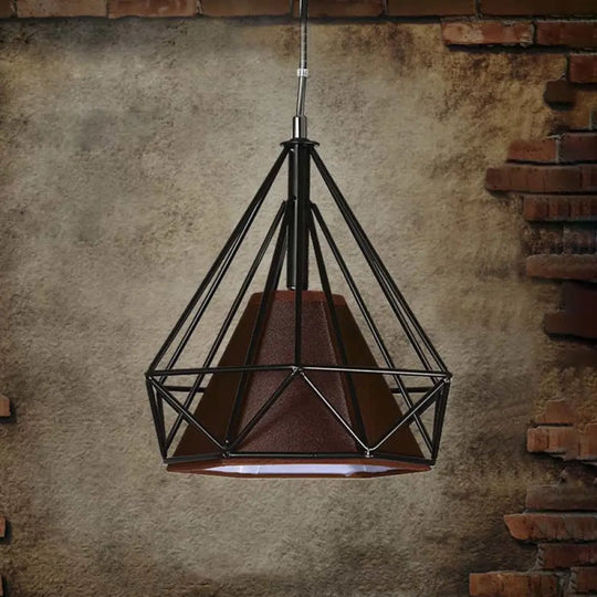 Antique Style Diamond Cage Hanging Light With Fabric Shade - White/Brown Metal Ceiling Fixture