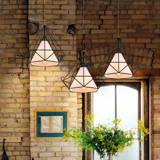 Antique Style Diamond Cage Hanging Light With Fabric Shade - White/Brown Metal Ceiling Fixture