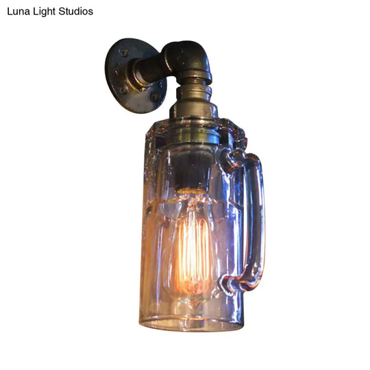 Antique Style Glass Beer Mug Wall Light With Water Pipe In Bronze/Black