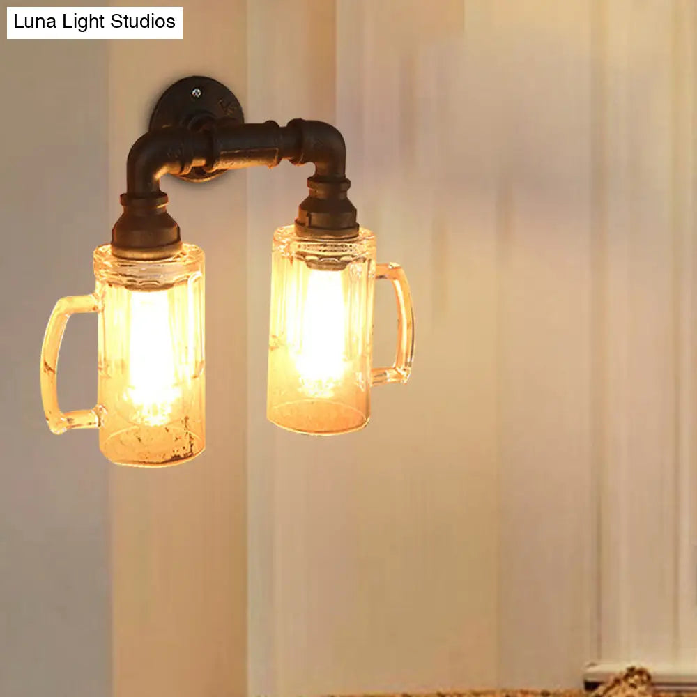 Antique Style Glass Beer Mug Wall Light With Water Pipe In Bronze/Black