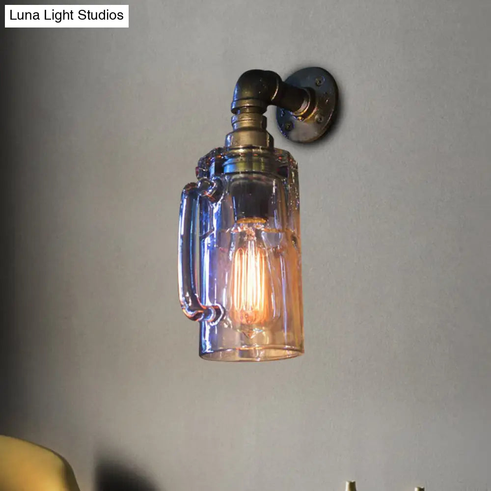 Antique Style Glass Beer Mug Wall Light With Water Pipe In Bronze/Black