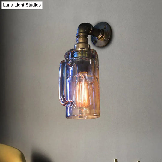 Antique Style Glass Beer Mug Wall Light With Water Pipe In Bronze/Black