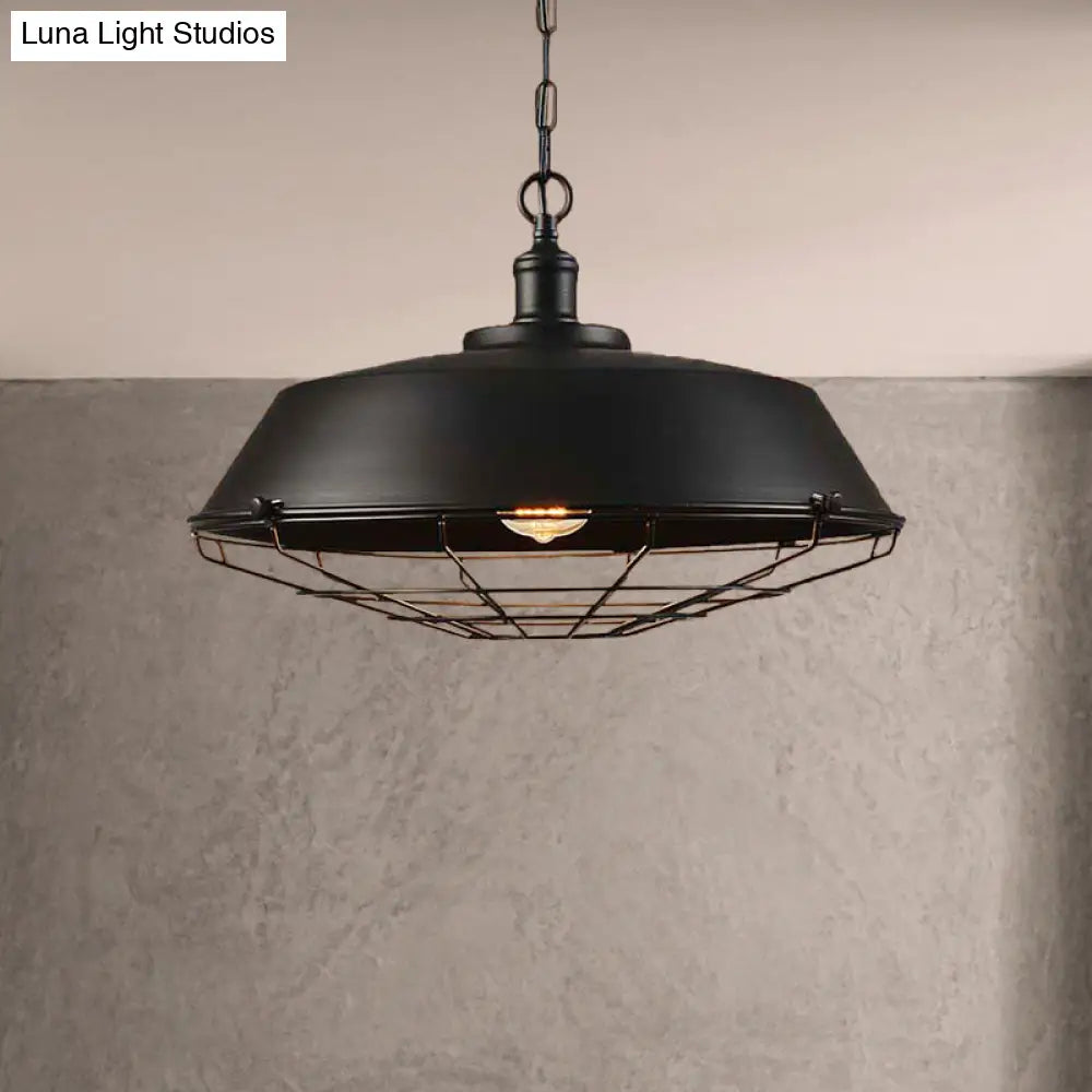 Antique Style Iron Barn Hanging Light With Wire Guard - 10’/14’/18’ Dia Brass/Bronze/Black