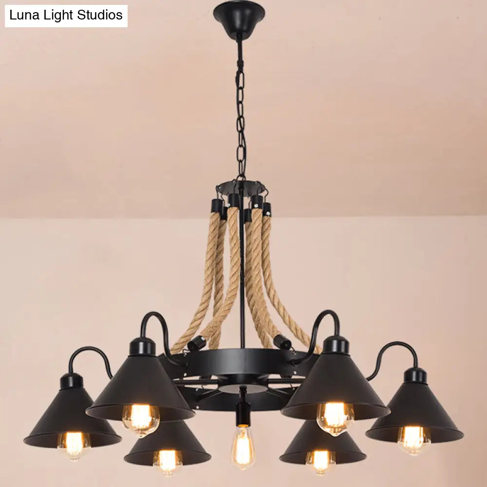 Antique Style Iron Restaurant Pendant Light Fixture - Black Conical Shade Chandelier With Hemp Rope