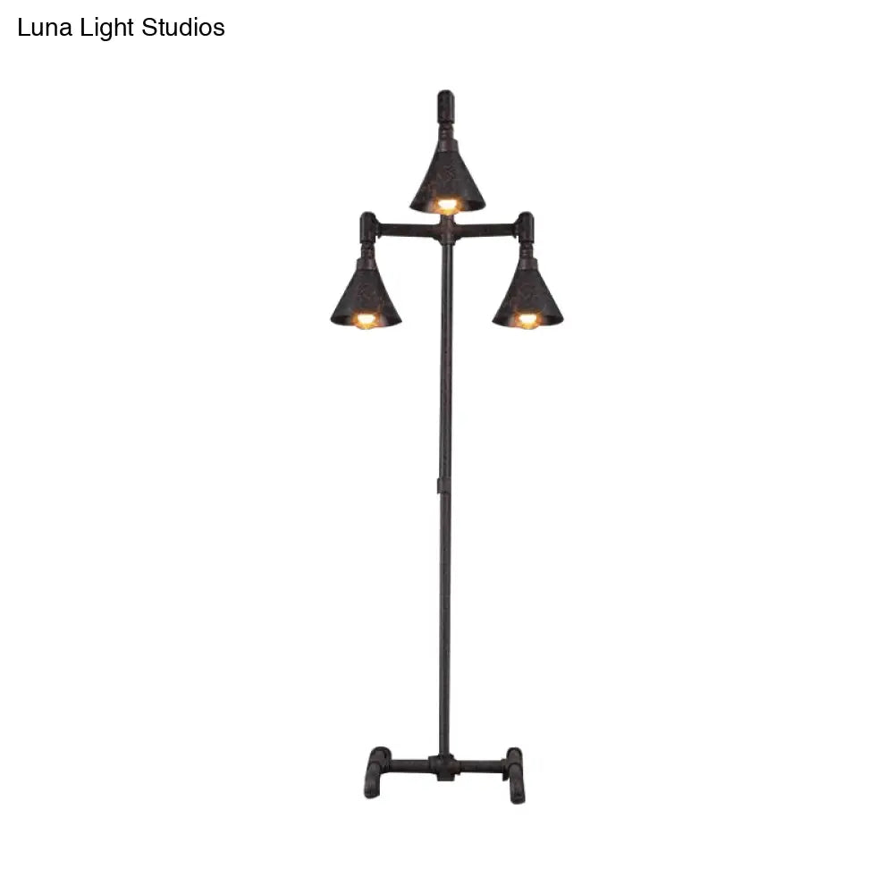 Antique-Style Iron Floor Lamp With 3 Lights Dark Rust Conical Shade And Elegant Pipe Design