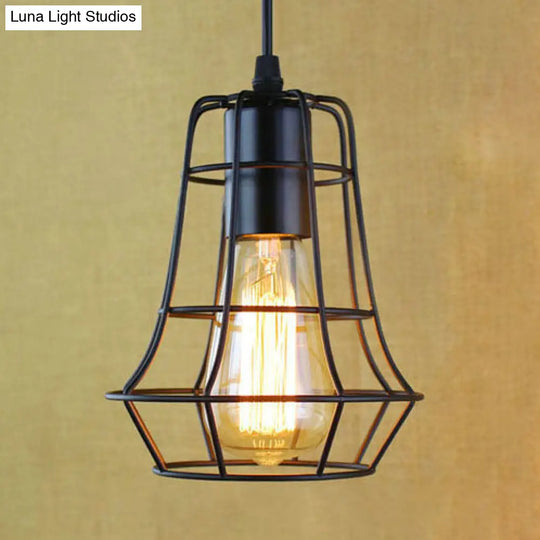 Antique Style Open Cage Pendant Lamp - Black Metal Hanging Light Fixture For Hallway / B