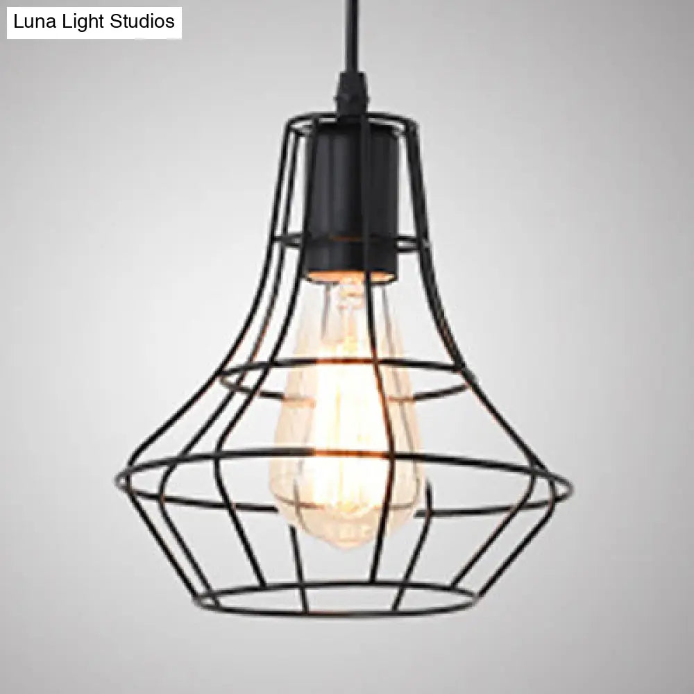 Antique-Style Open Cage Pendant Lamp In Black For Hallway / C