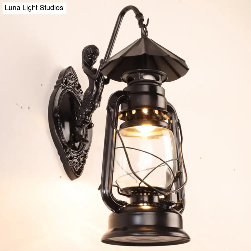 Antique Style Single-Bulb Oil Lantern Sconce: Clear Glass Wall Mount Light For Aisles Black /