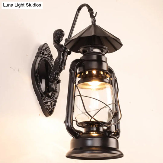 Antique Style Single-Bulb Oil Lantern Sconce: Clear Glass Wall Mount Light For Aisles Black /