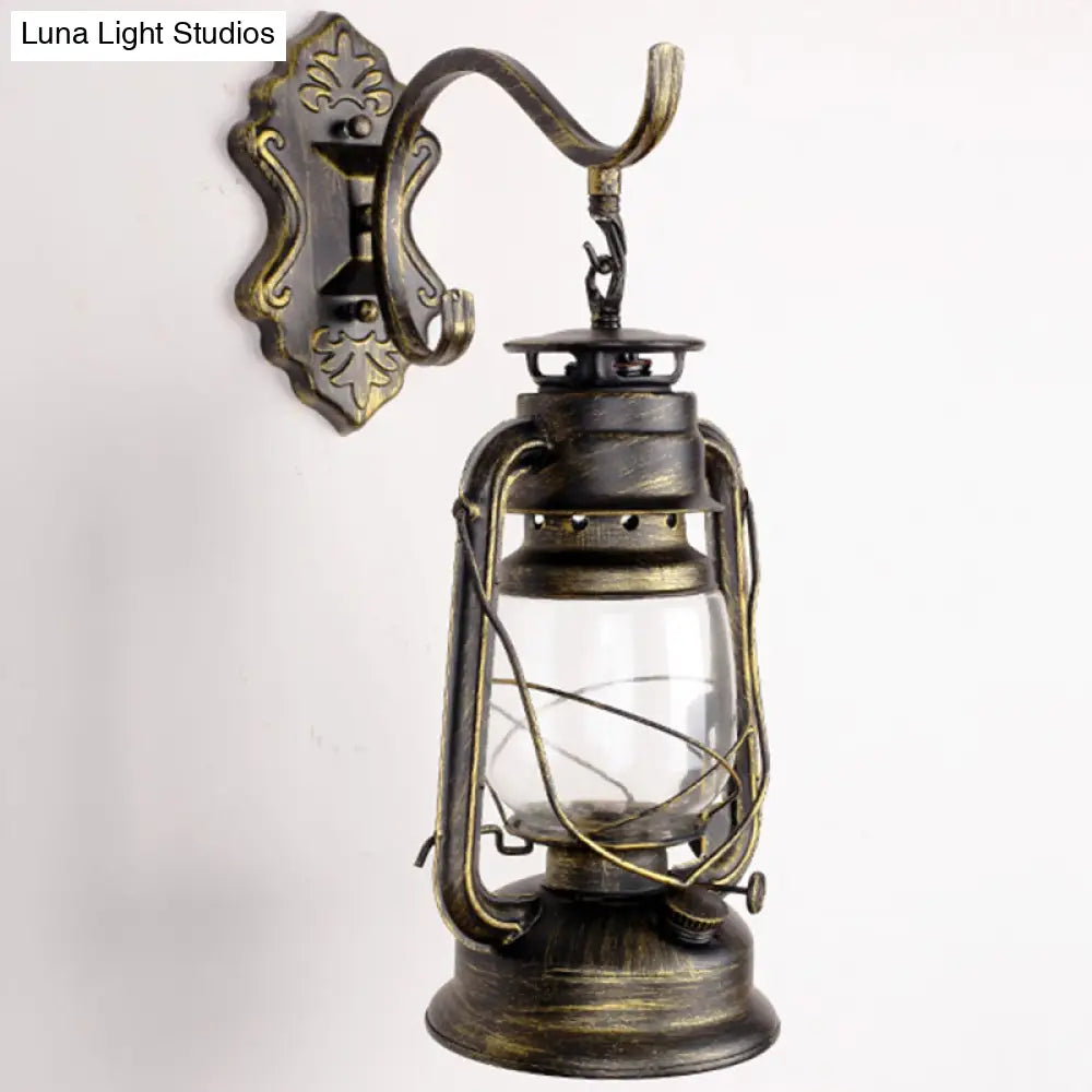 Antique Style Single-Bulb Oil Lantern Sconce: Clear Glass Wall Mount Light For Aisles Bronze /