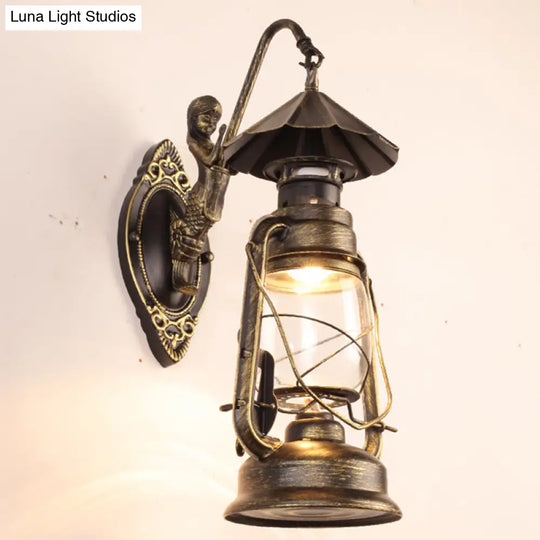 Antique Style Single-Bulb Oil Lantern Sconce: Clear Glass Wall Mount Light For Aisles Bronze /