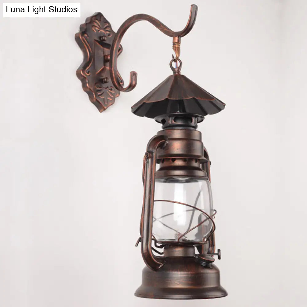 Antique Style Single-Bulb Oil Lantern Sconce: Clear Glass Wall Mount Light For Aisles Copper /