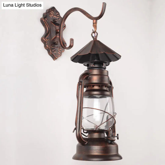 Antique Style Single-Bulb Oil Lantern Sconce: Clear Glass Wall Mount Light For Aisles Copper /