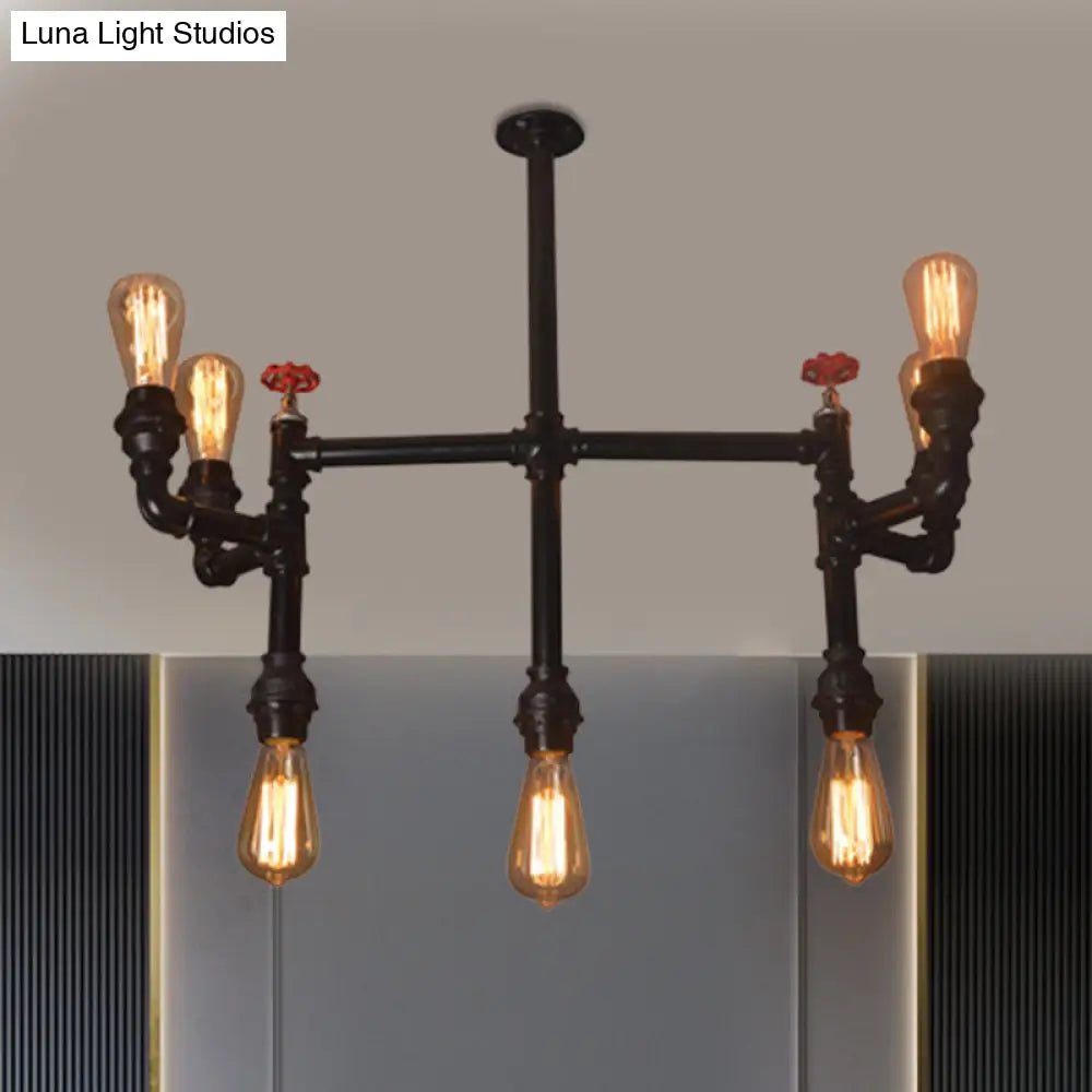 Antique Style Water Pipe Hanging Pendant Light With 7 Bulbs Metallic Chandelier Lighting - Black