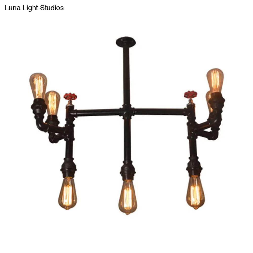 Antique Style Water Pipe Hanging Pendant Light With 7 Bulbs Metallic Chandelier Lighting - Black