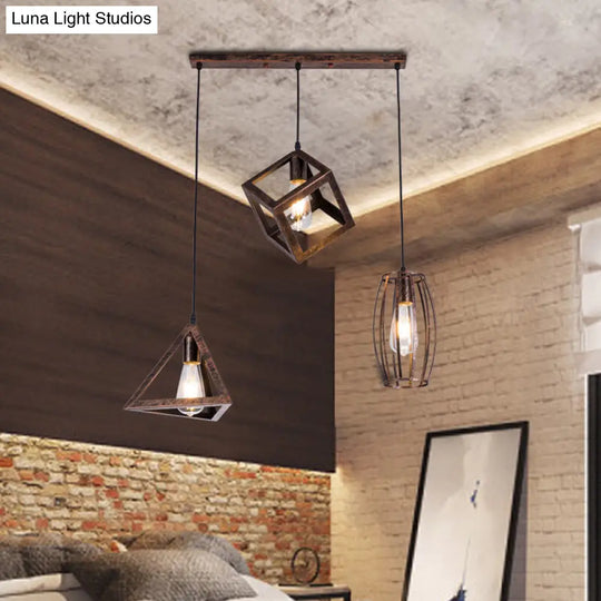 Caged Wrought Iron Pendant Lamp - Antique Style 3 Heads Dining Room Ceiling Light Rust / Linear