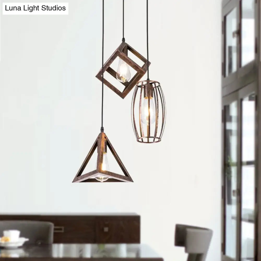 Antique Style Wrought Iron Pendant Lamp - 3-Head Caged Design For Dining Room Ceiling Rust Finish