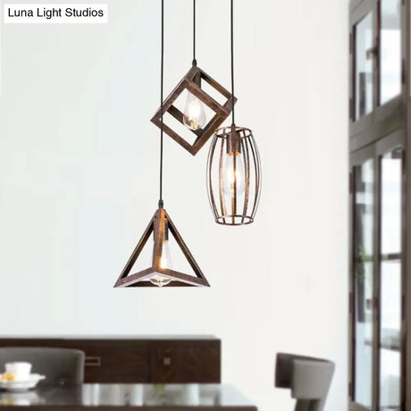 Antique Style Wrought Iron Pendant Lamp - 3-Head Caged Design For Dining Room Ceiling Rust Finish