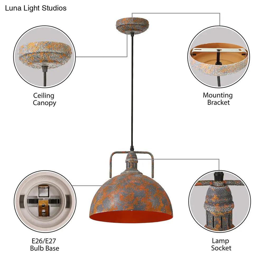Antique Style Rust Finish Pendant Light With Wrought Iron Frame And Vented Socket - Perfect For