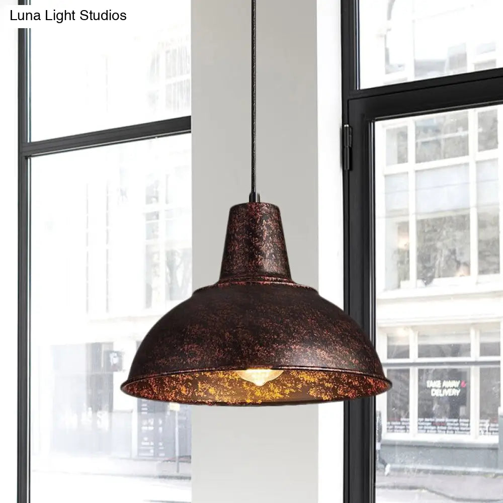 Vintage Domed Pendant Light With Metallic Finish And Hanging Cord In Black/White Rust