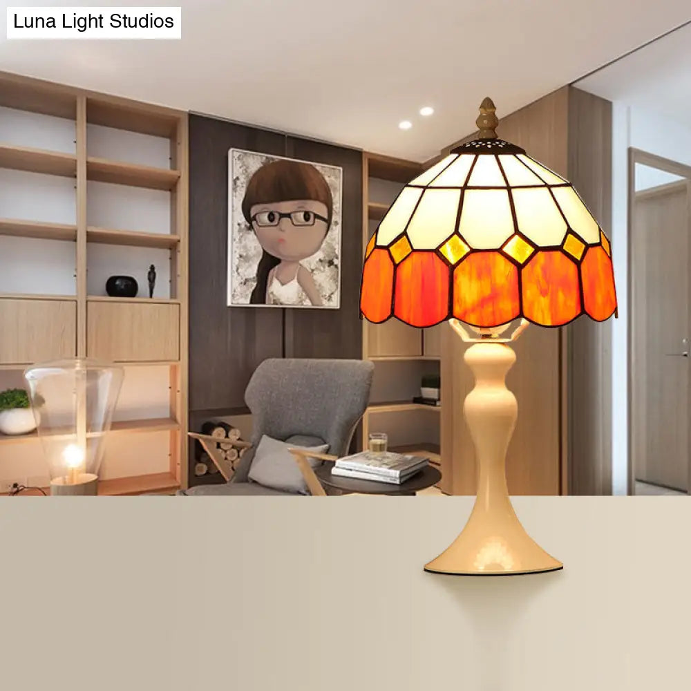 Antique Tiffany Style Orange Desk Lamp For Bedroom - Cafe Grid Domed Light Art Glass Design