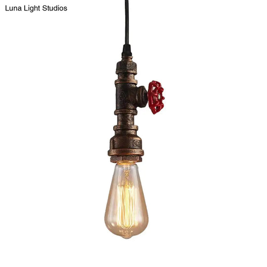 Antique Valve Handle Iron Pendant Light In Bronze - Single-Bulb Ceiling Hanging Fixture