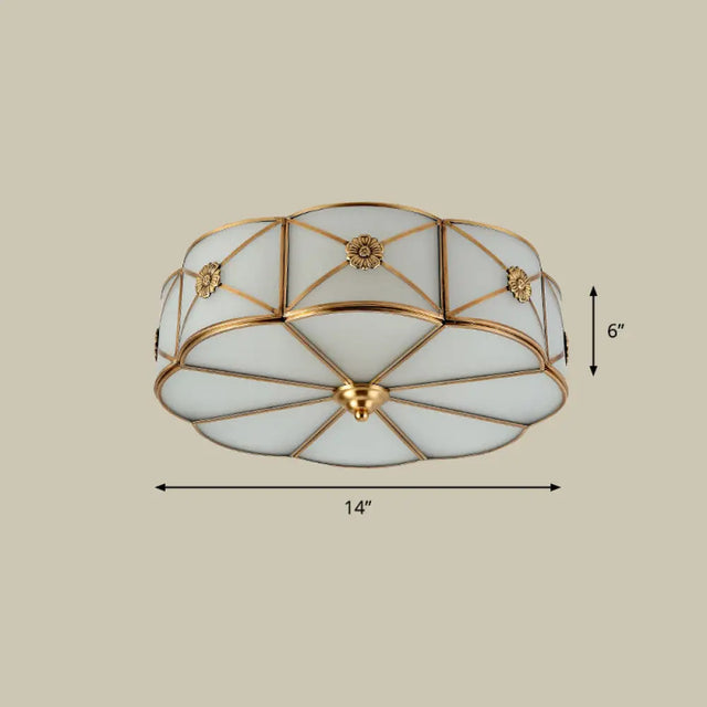 Antique White Glass Brass Flush - Mount Ceiling Light For Living Room With X - Brace And Floral