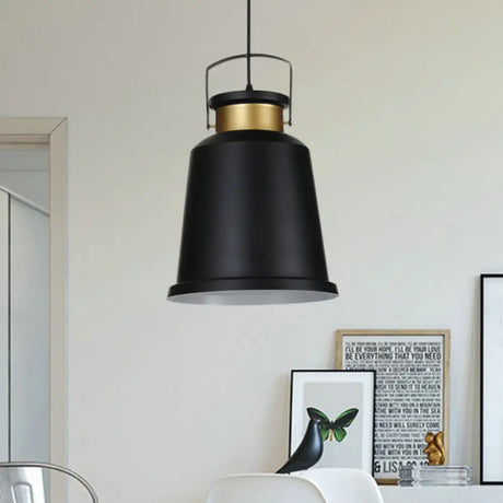 Antiqued Black Bell Pendant Lamp With Aluminum Handle And Down Lighting Bulb