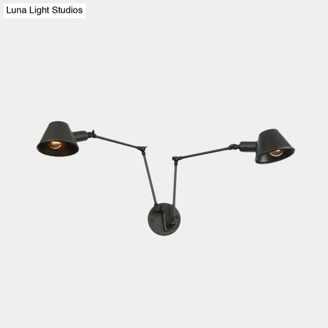Antiqued Black Iron Swing Arm Sconce With Bell Shade - 2/3 Lights Bedroom Wall Lamp