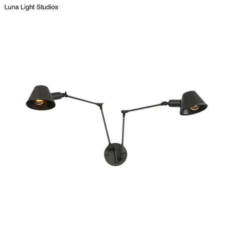 Antiqued Black Iron Swing Arm Sconce With Bell Shade - 2/3 Lights Bedroom Wall Lamp
