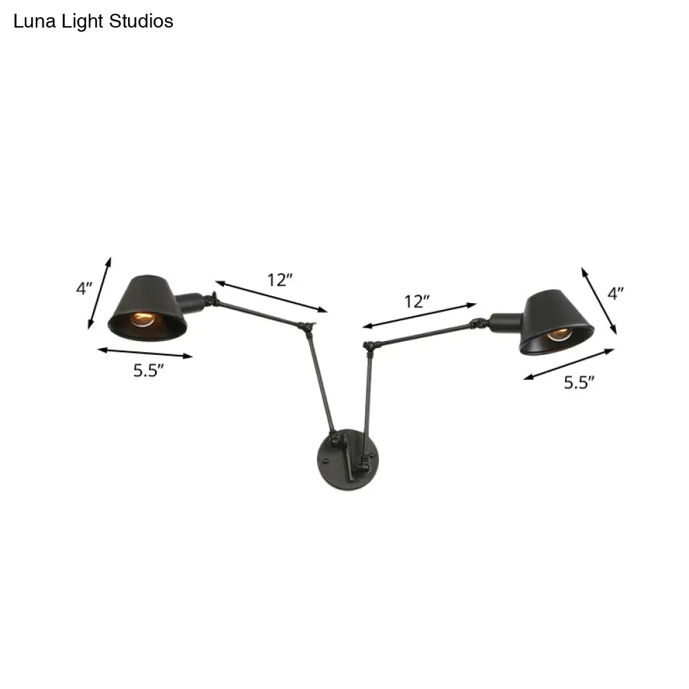 Antiqued Black Iron Swing Arm Sconce With Bell Shade - 2/3 Lights Bedroom Wall Lamp