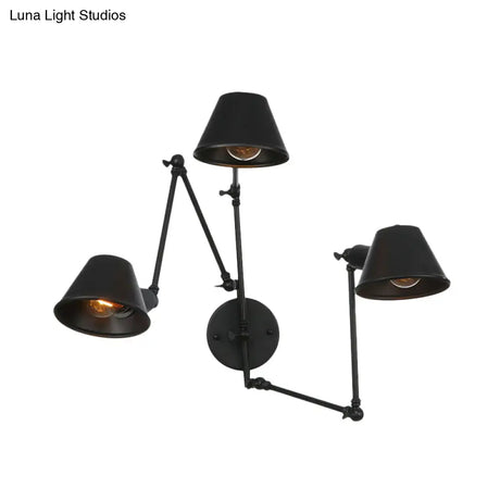 Antiqued Black Iron Swing Arm Sconce With Bell Shade - 2/3 Lights Bedroom Wall Lamp