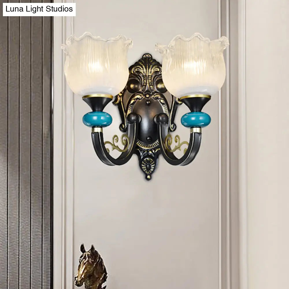 Antiqued Black Opal Ribbed Glass Floral Sconce Light Fixture - Wall Mounted Lamp